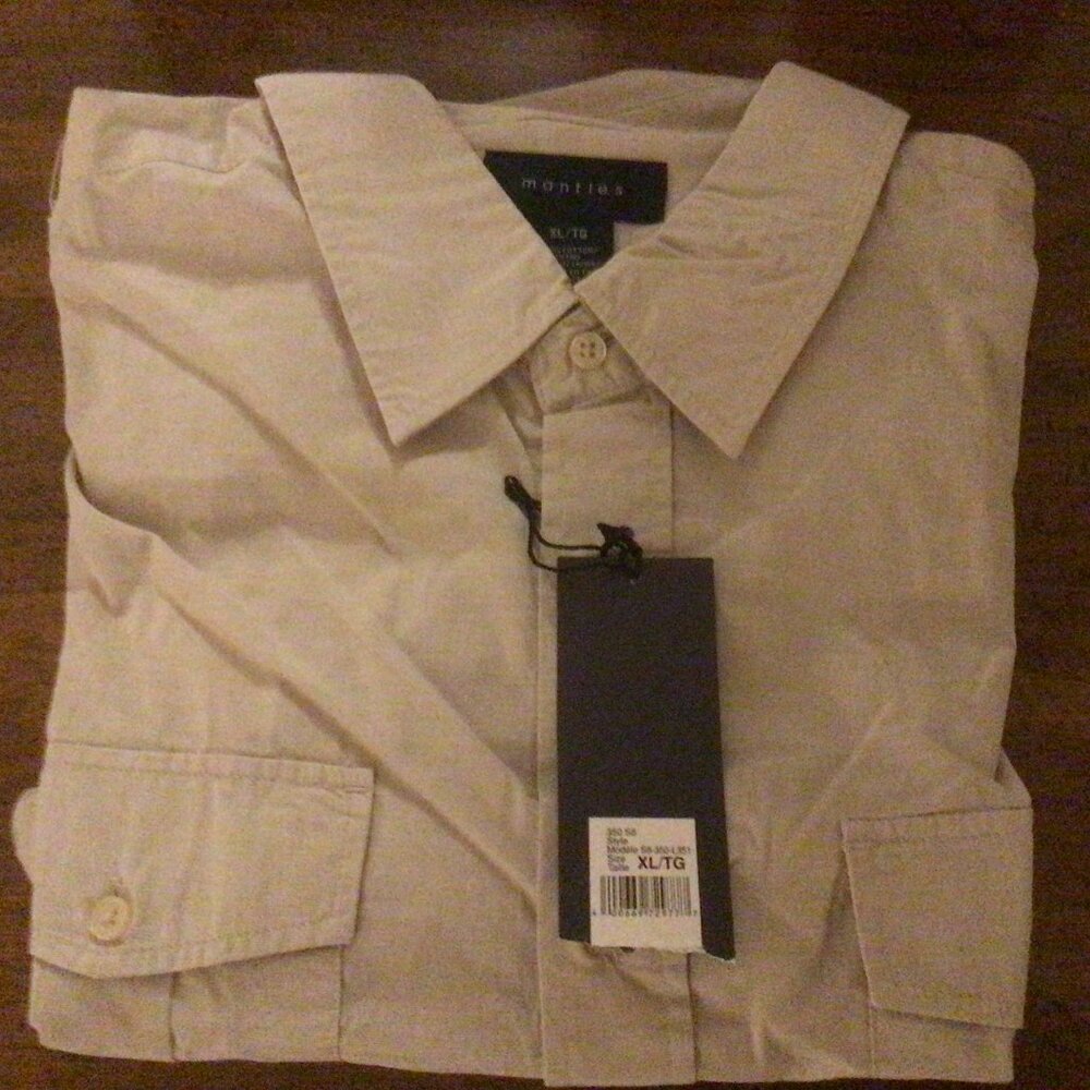Cotton Long Sleeve Sports Shirt Flap Pockets Button Roll Up Sleeves Tan XL